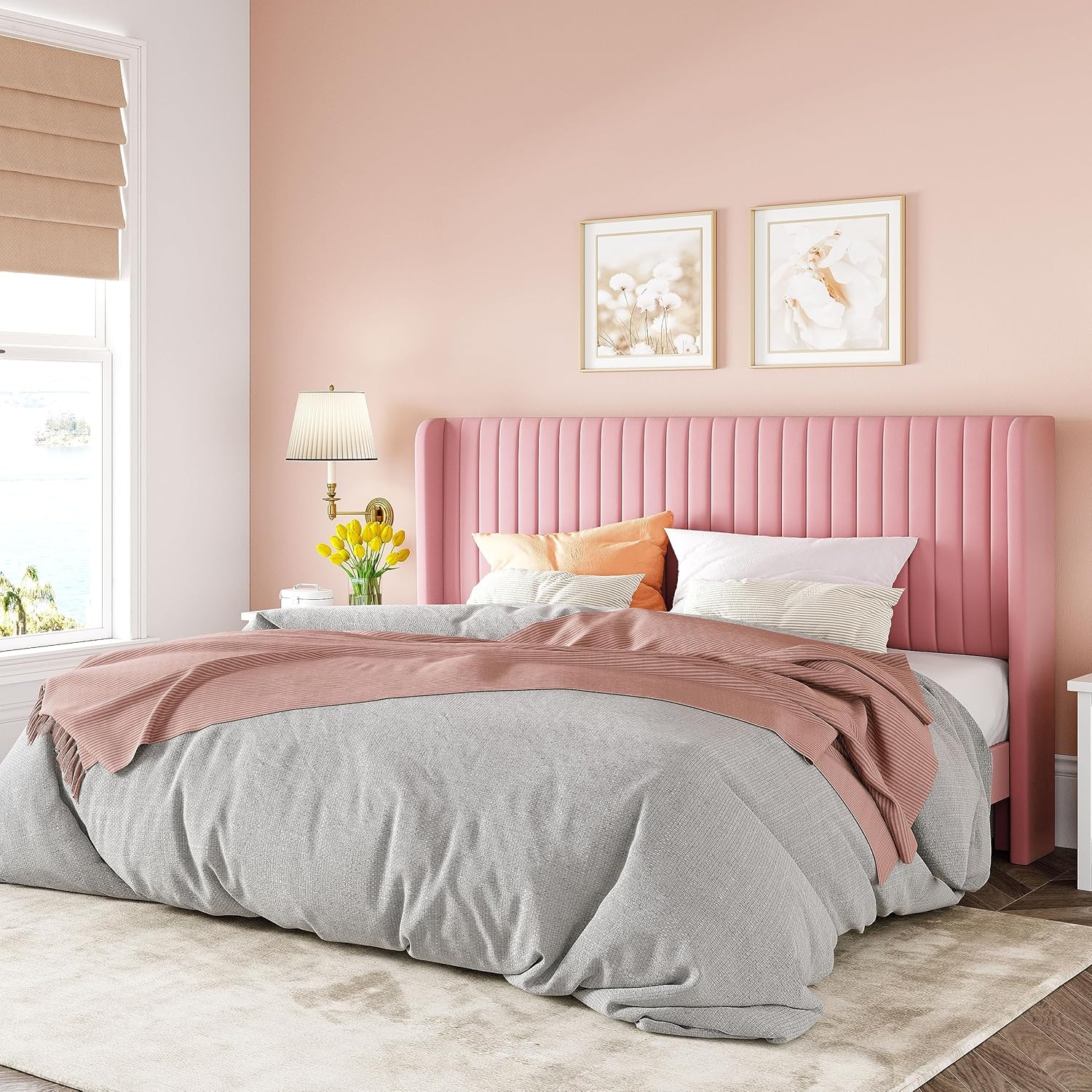 Allewie Full Size Velvet Bed Frame Vertical Channel Tufted Wingback Headboard Upholstered Bed