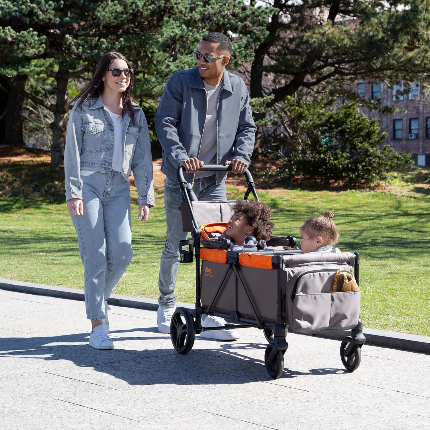 Jeep Sport All-Terrain Stroller Wagon by Delta Children - Includes Canopy, Parent Organizer, Adjustable Handlebar, Snack Tray & Cup Holders, Grey/Olive Green