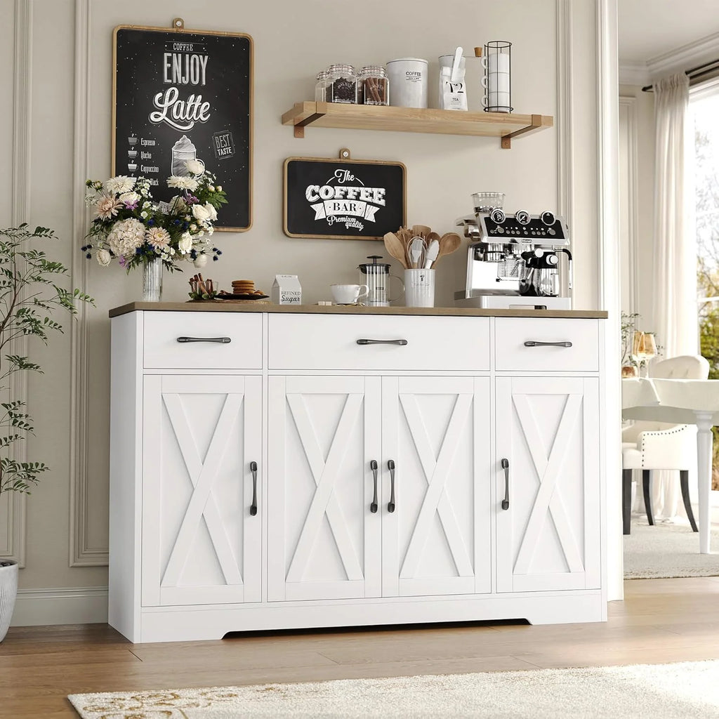 Sideboard with drawers, large 55-inch sideboard, sideboard storage with shelves and doors, modern farmhouse coffee bar wood kitchen dining table
