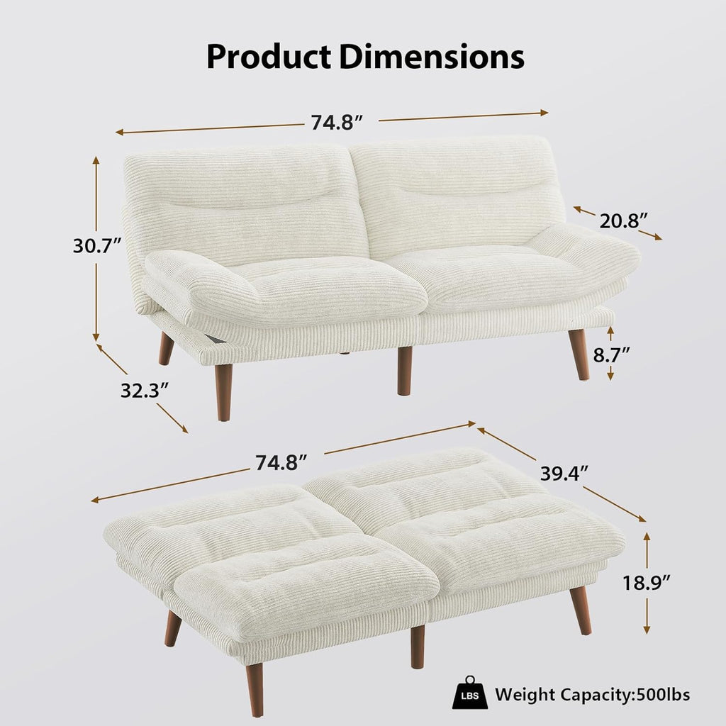 Convertible Futon Sofa Bed, 66 Inch Corduroy Futon Sofa Recliner Sofa Bed for Small Spaces, Playrooms or Offices