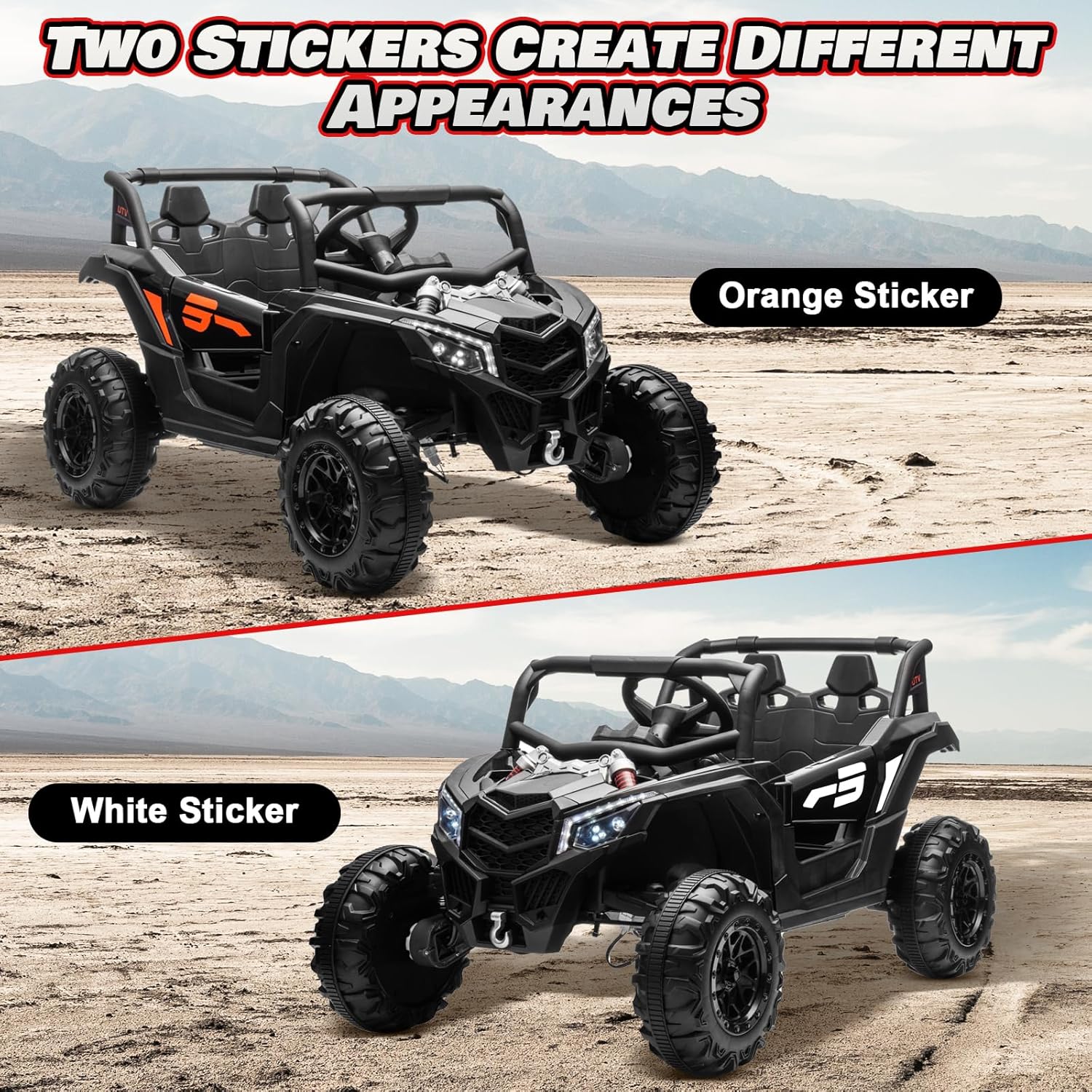 JOYRACER Kids Remote Control Car with 4 x 150W Motors, Shock Absorbers, Bluetooth, MP3 Player, and Headlights